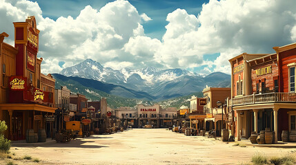 Western Town Street Illustration with Mountains in the Background