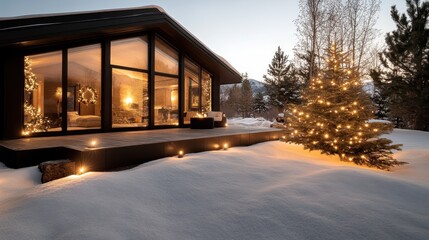 Obraz premium A modern house is beautifully lit for the holidays, surrounded by snow-covered trees and landscape, creating an inviting and warm winter scene.