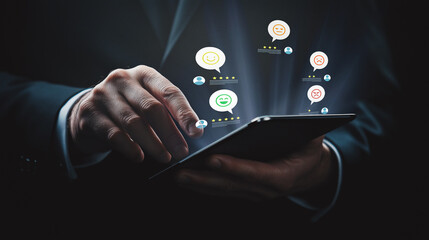 Digital Communication Solutions Concept: A business professional uses a tablet to manage digital communication tools, signifying advanced connectivity options for seamless corporate interaction.