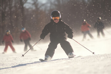 A young skier is skiing down a snowy slope with a group of other skiers