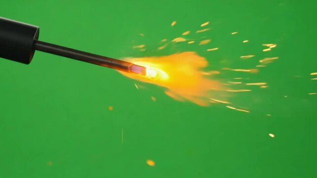 Close-up of a glowing hot metal rod emitting sparks and light on a green screen.