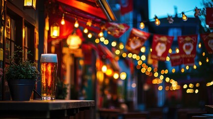 Festive Decor: Photograph a bar or outdoor setting decorated for National Lager Day, complete with banners and lights.