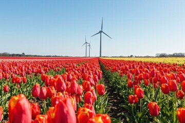 Vast tulip fields in full bloom, with towering windmills against a serene blue sky, capturing a sense of tranquility and natural beauty.