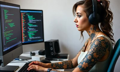 A tech enthusiast codes in a stylish workspace surrounded by advanced computer setups and programming challenges