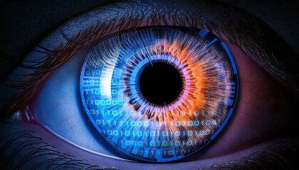 Close-up of a human eye with a futuristic, digital light overlay with advanced technology