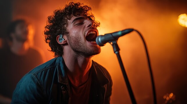 A vocalist pours emotion into a soulful live performance, lights casting an ethereal glow, capturing the raw energy and connection in a powerful musical moment.