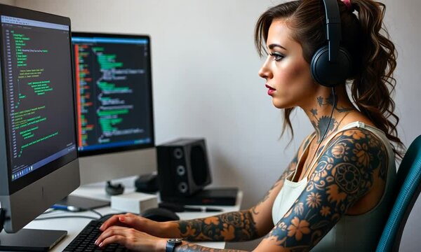 A tech enthusiast codes in a stylish workspace surrounded by advanced computer setups and programming challenges