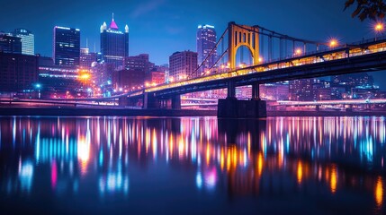 Fototapeta premium Night view of city skyline with illuminated bridge