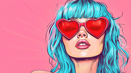 A woman with blue hair poses in red heart-shaped sunglasses against a pink pop art background