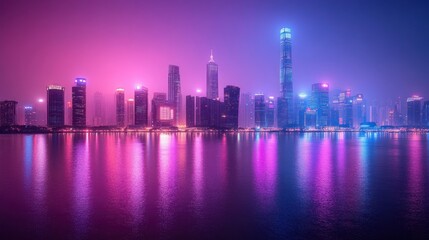 Fototapeta premium A panoramic view of a modern city skyline at night, with tall skyscrapers illuminated by colorful lights and reflected in the water.