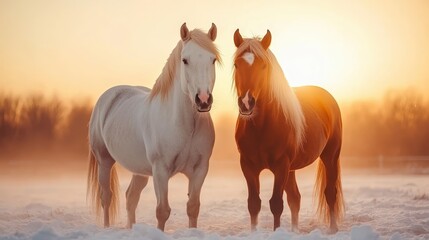 A captivating image of two stunning horses standing side by side in a snowy landscape during a glorious sunset, evoking feelings of majesty and companionship.