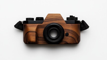 Wooden Camera: A vintage-inspired camera with a beautiful wooden body, capturing the essence of classic photography and craftsmanship. The camera is made from a dark wood.