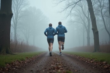 Obraz premium Two Runners Embrace Serenity During a Misty Morning Jog Through Enchanted Woodlands, Feeling Tranquility Amidst Whispering Trees and Crunching Leaves