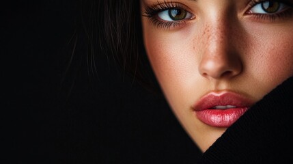 Fototapeta premium A captivating portrait of a woman captured in close-up, showcasing her eyes, freckled skin, and lips. This AI-enhanced image highlights the beauty of detail and natural features.