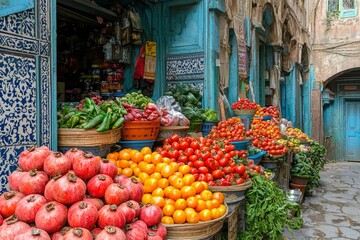 Fototapeta premium A Vibrant Display of Fresh Produce in a Traditional Market Stall