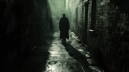 A mysterious figure walks alone through a dark, narrow alleyway, illuminated by a faint light at the end. The figure is shrouded in shadow, and the alleyway is lined with old brick walls.