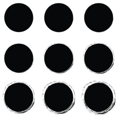 Set of black grunge circles shapes on a white background. Collection for grunge badge, seal, ink and stamp design template. Vector illustration. Eps file 11.