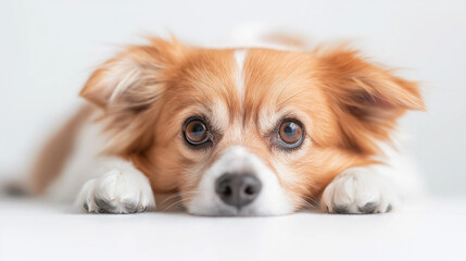 Fototapeta premium Charming white and beige dog with a soft, fluffy coat gazes into the camera, capturing a moment of pure warmth and companionship