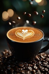 Coffee cup with latte art, surrounded by falling beans.