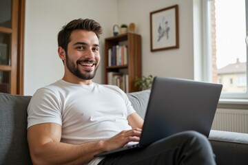 Man using laptop in living room, relaxed and focused, enjoying technology, comfort in casual setting