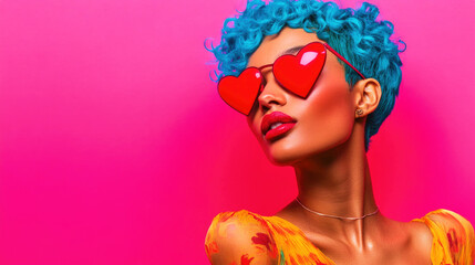 A woman with blue hair in heart sunglasses playfully poses against a pink background