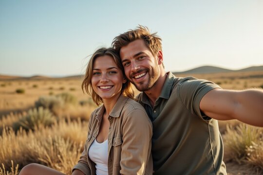Couple captures joyous moment amidst serene desert landscape during romantic journey, sharing happiness and love under vast sky.