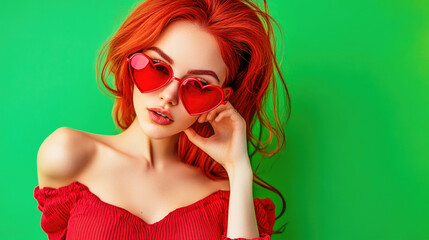 With her striking red hair and playful heart-shaped sunglasses, the woman exudes confidence and fun