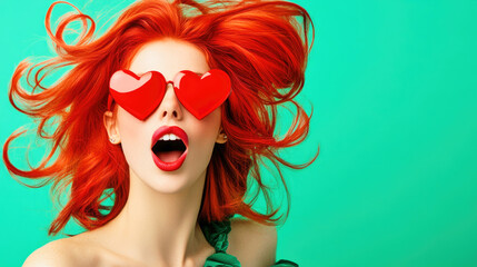 A woman with bright red hair strikes a playful pose, wearing fun heart-shaped sunglasses