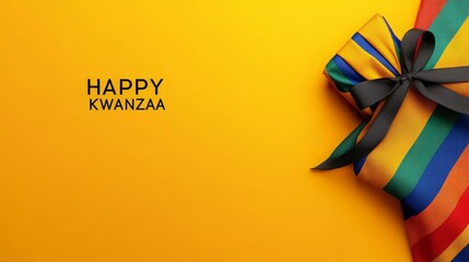 A colorful gift box with a black bow, against a bright yellow background with the words "Happy Kwanzaa" written in black.