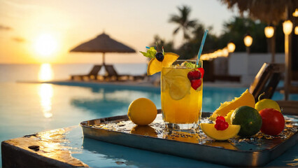 Fototapeta premium Refreshing cocktail in a glass on a table in a beach club during sunset. Alcohol cocktails with ocean view, party nightlife at beachclub.