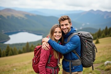Happy Hiking Couple Embrace in Scenic Mountain Top Adventure Enjoyment, Exploring Nature's Serenity Together