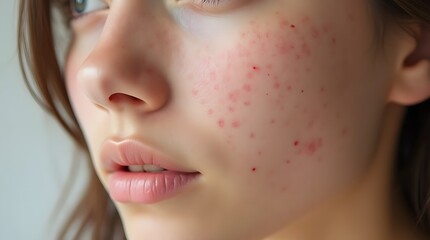 Fototapeta premium Close-Up of Woman's Face with Severe Acne Isolated on White Background