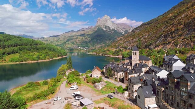Aerial view of Lanuza village in the Tena Valley, Huesca province, Spain.