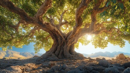 Fototapeta premium A majestic, ancient tree with gnarled branches and roots, bathed in the golden light of the setting sun, stands tall against a backdrop of distant mountains.