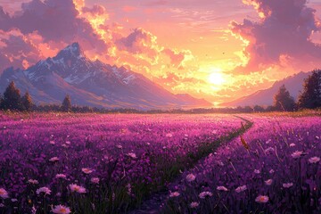 Obraz premium Sunset Over Purple Wildflower Field with Snowy Mountains in Background