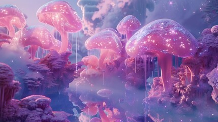 Obraz premium Enchanting Psychedelic Mushroom Fantasy Landscape with Glowing Celestial Reflections