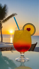 Refreshing cocktail in a glass on a table in a beach club during sunset. Alcohol cocktails with ocean view, party nightlife at beachclub.