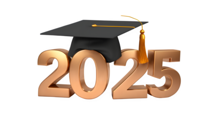 3d text 2025 with graduate cap on the top isolate on transparency background PNG