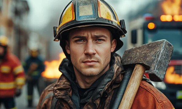 A firefighter in uniform, ready for action with tools in hand.