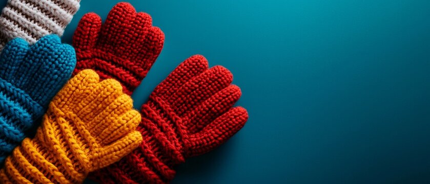 Colorful knitted gloves on blue background