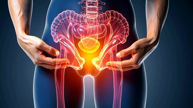 A visual representation of the human pelvic area, highlighting key internal structures such as the bladder and reproductive organs