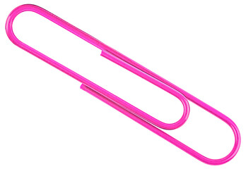 Pink paper clip isolated on a white background, view from above.