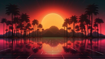 Naklejka premium Retro Palms Sci-Fi Ocean Sun Reflection Futuristic 80s Party Background with Digital Cyber Landscape