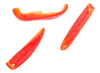 Red sweet bell pepper sliced strips isolated on a white background. Fresh paprika.