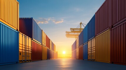 Fototapeta premium A vibrant row of colorful shipping containers in a bustling yard, showcasing the global trade and logistics industry. Sunset colors illuminate the scene, symbolizing growth and opportunity.