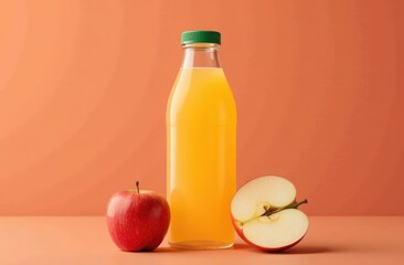 Bottle of Fresh Apple Juice with Whole and Sliced Apple