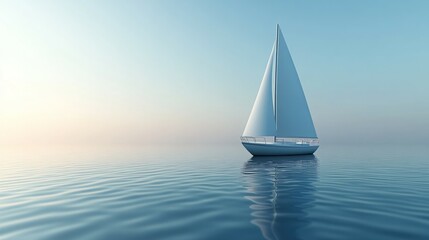 Fototapeta premium Serene sailboat drifting on calm waters at sunrise.