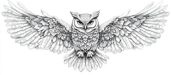 Detailed Drawing of an Owl with Spread Wings