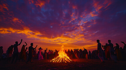 A Lohri bonfire with the evening sky painted in hues of orange and purple