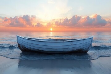 Fototapeta premium serene ocean view featuring a sleek boat captured from the front with gentle waves reflecting the soft hues of sunset